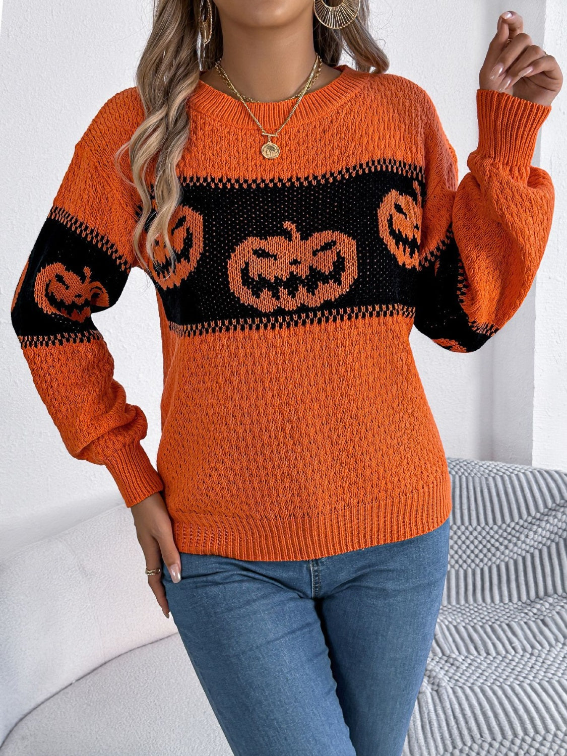 Pumpkin Round Neck Long Sleeve Sweater - Orange