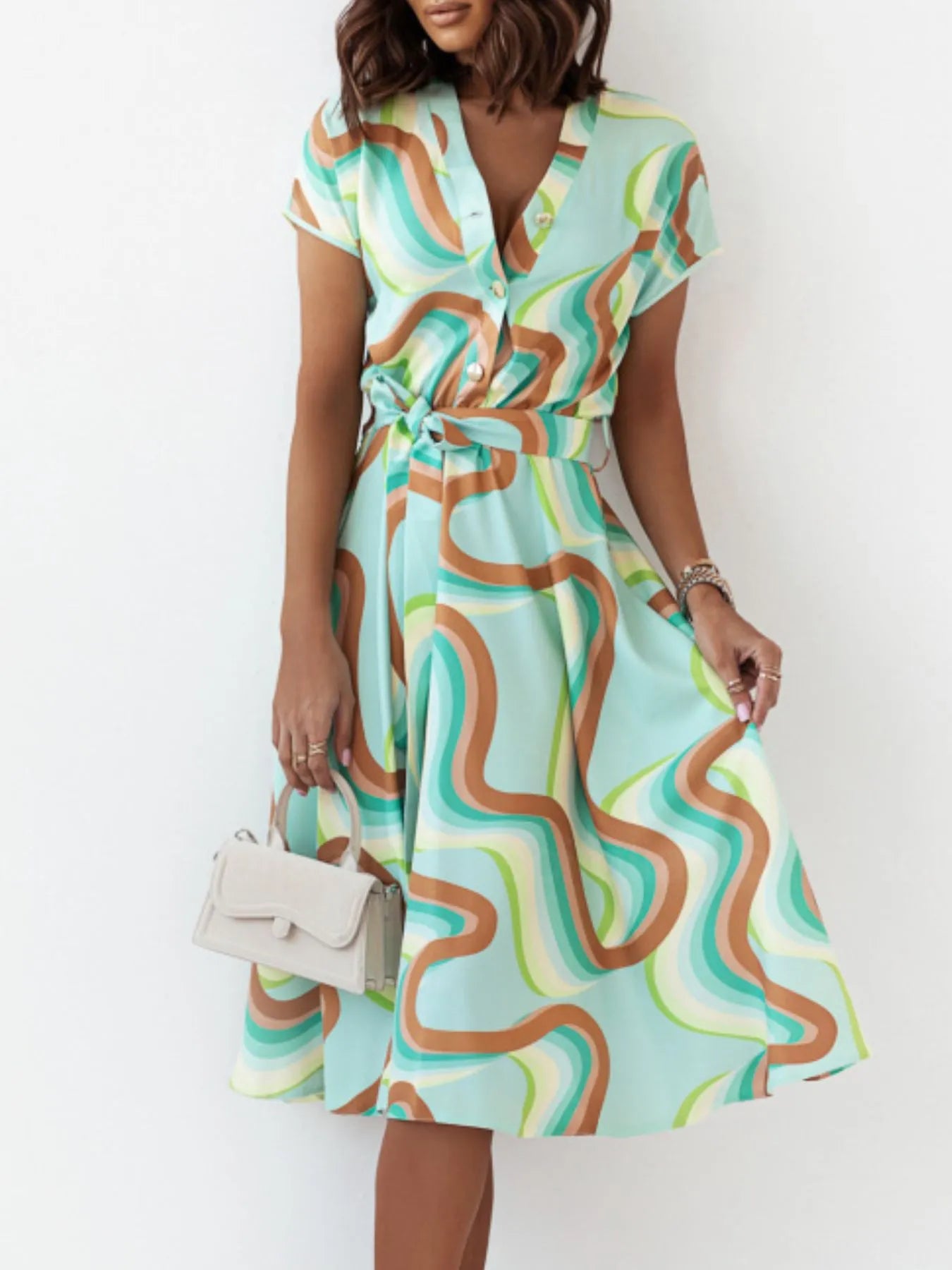 Printed Button Front Midi Dress - Green