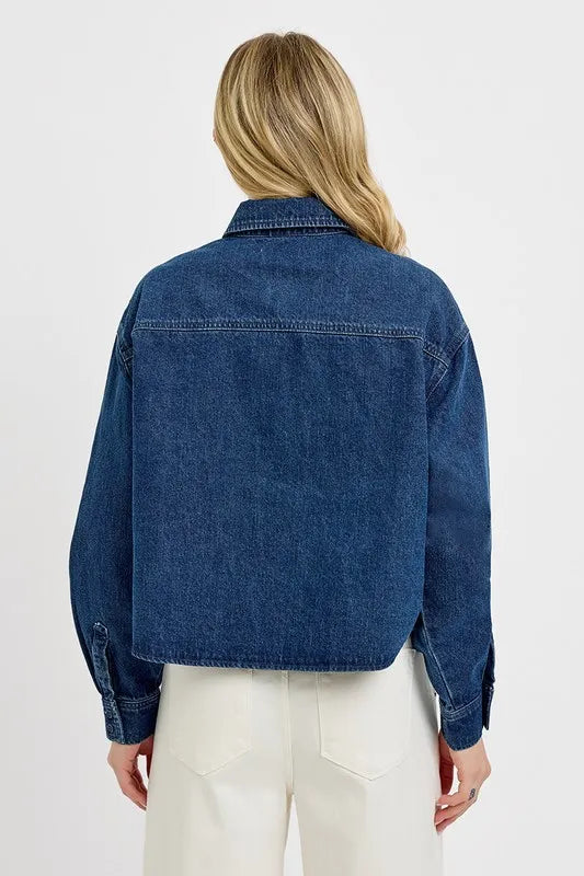 Button Up Long Sleeve Denim Shacket - Dark