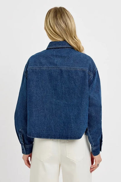 Button Up Long Sleeve Denim Shacket - Dark
