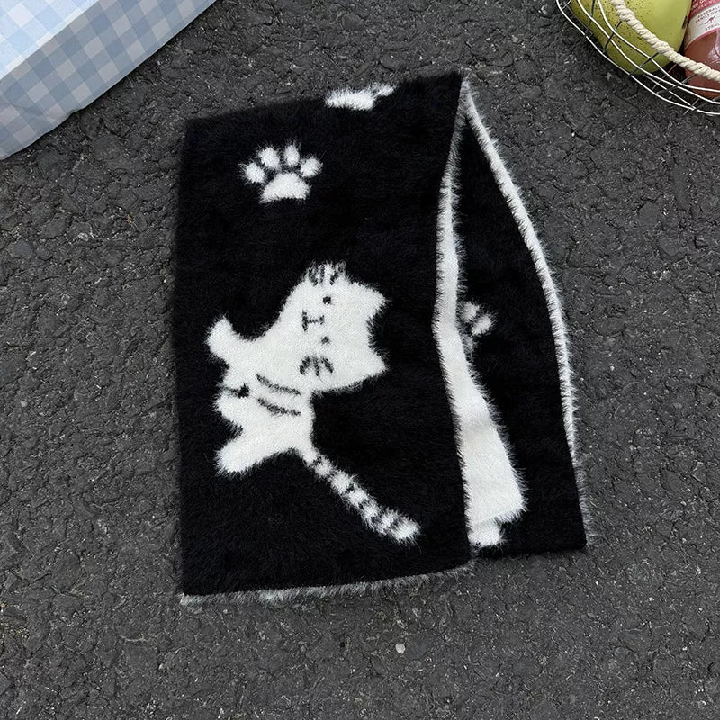 Cute Cat Paw Print Plush Scarf - Black One Size