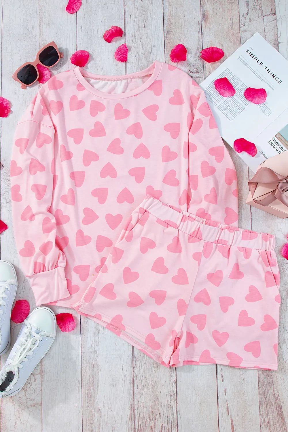 Heart Print Long Sleeve Top and Shorts Lounge Set -