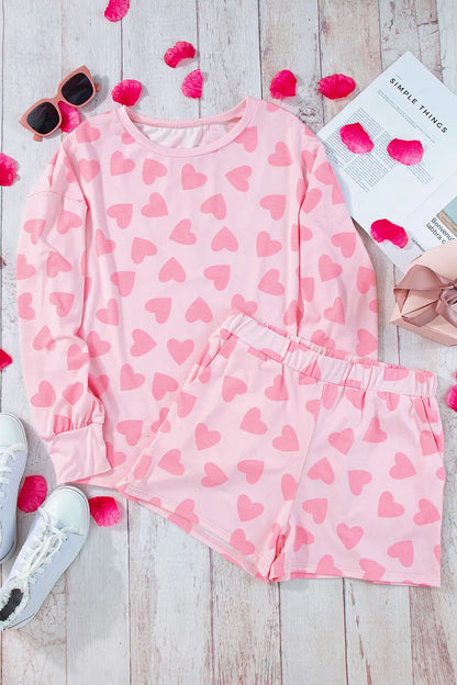 Heart Print Long Sleeve Top and Shorts Lounge Set -