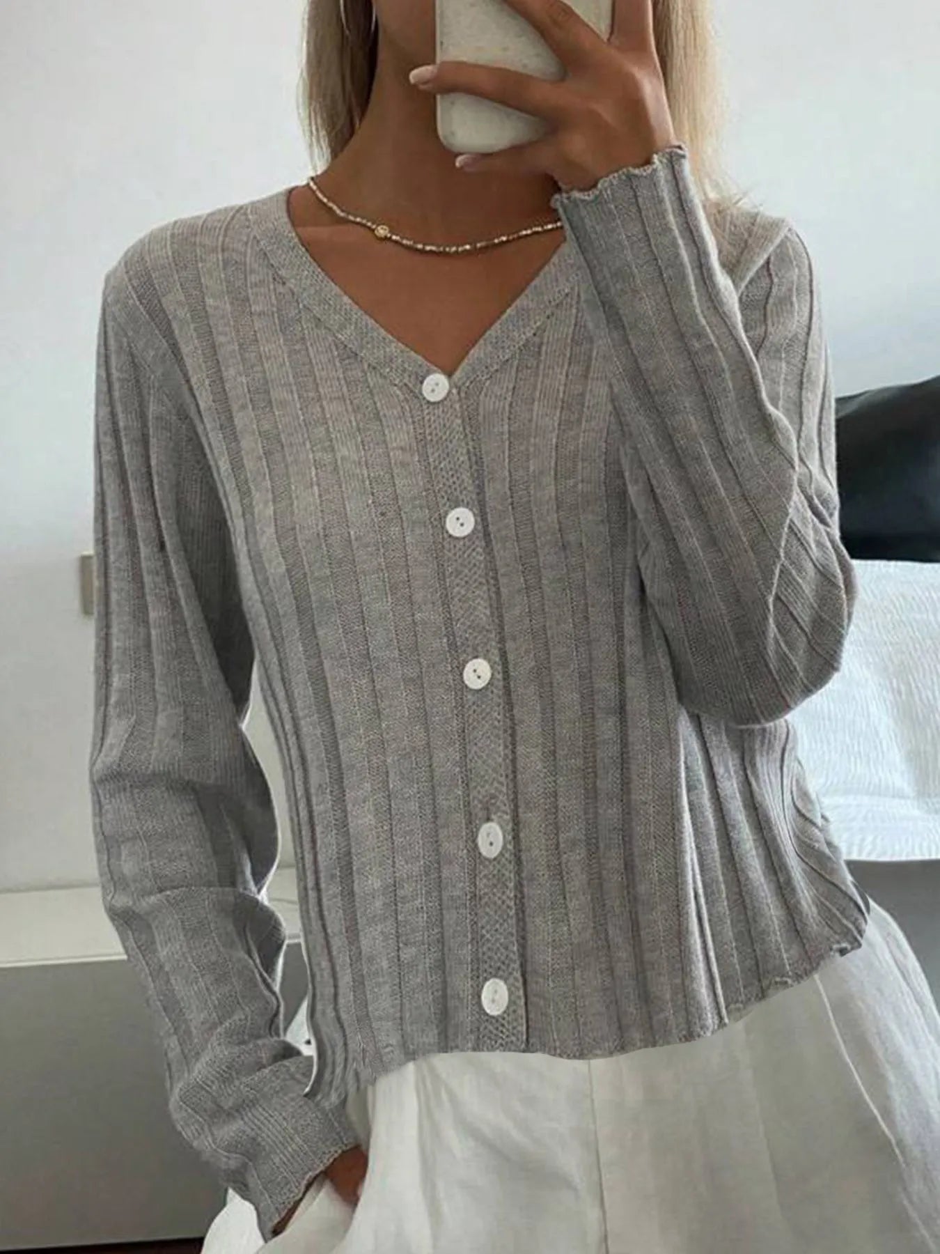 Ribbed Button-Up V-Neck Cardigan - Gray