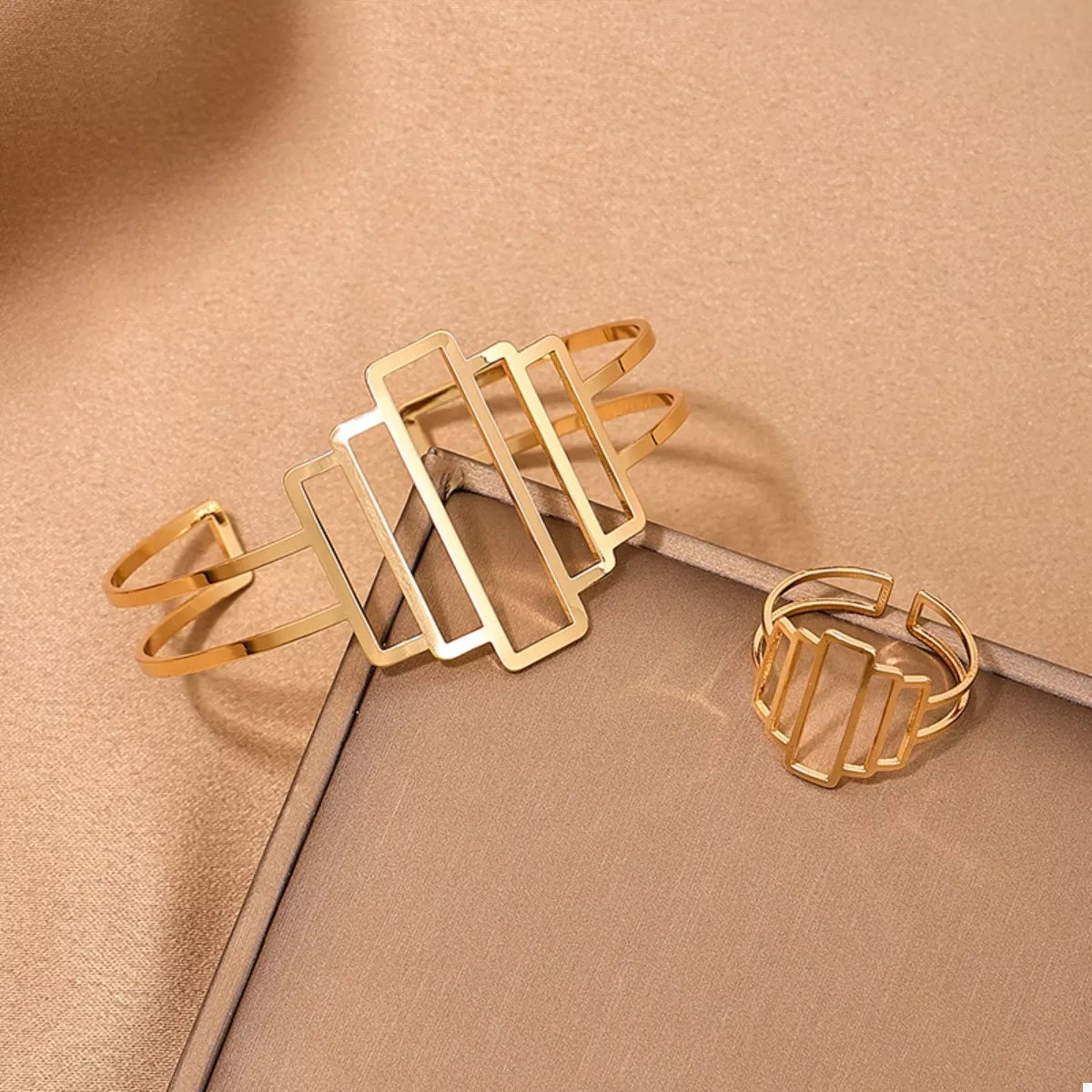 Gold-Plated Open Bracelet and Ring Jewelry Set -