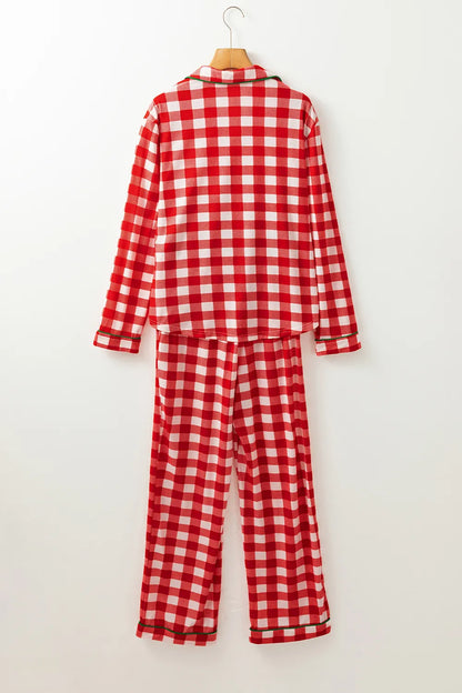 Plaid Collared Neck Long Sleeve Top and Pants Set -