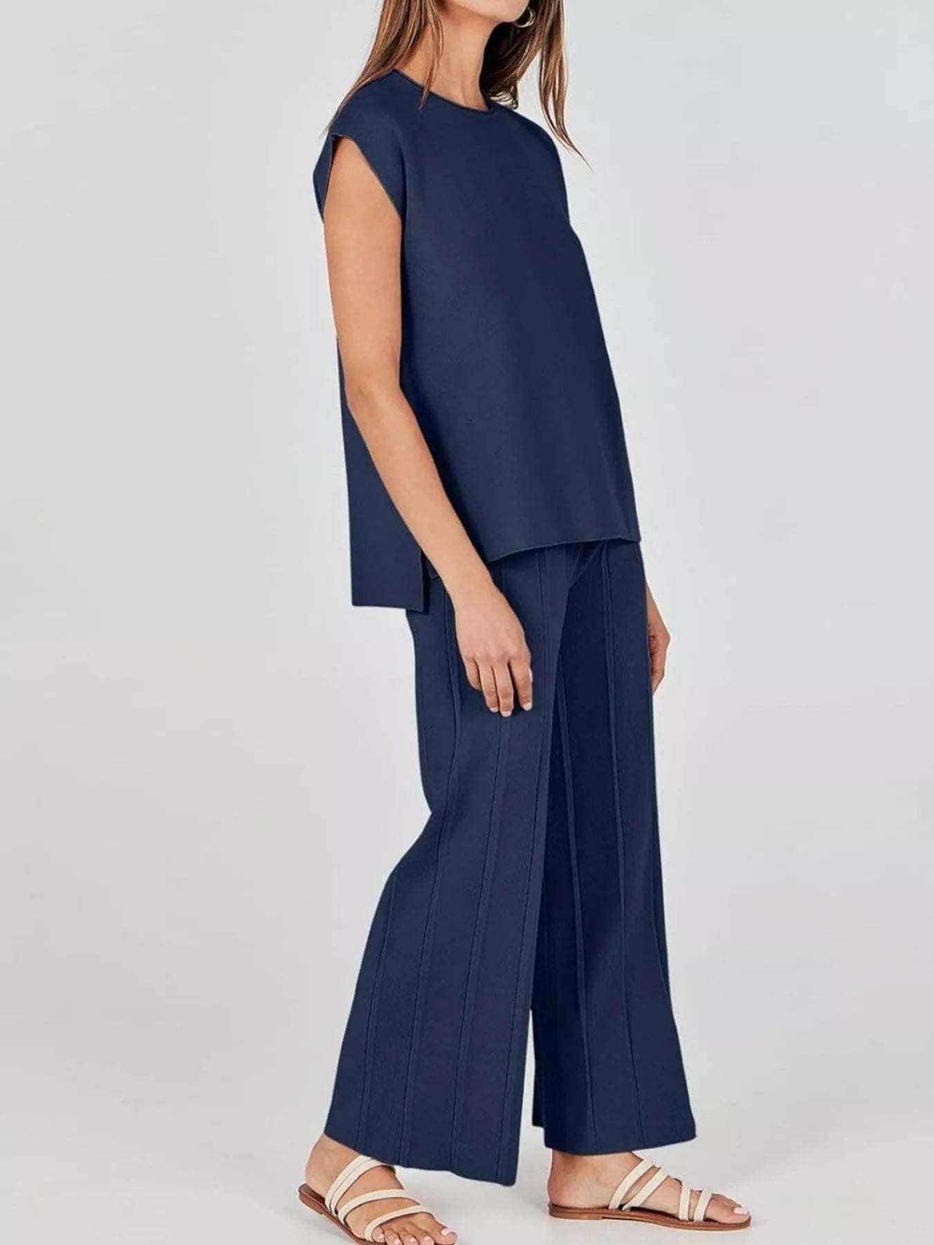 Casual Color Cap Sleeve Top and Pants Knit Set -