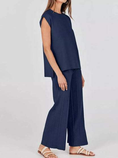 Casual Color Cap Sleeve Top and Pants Knit Set -