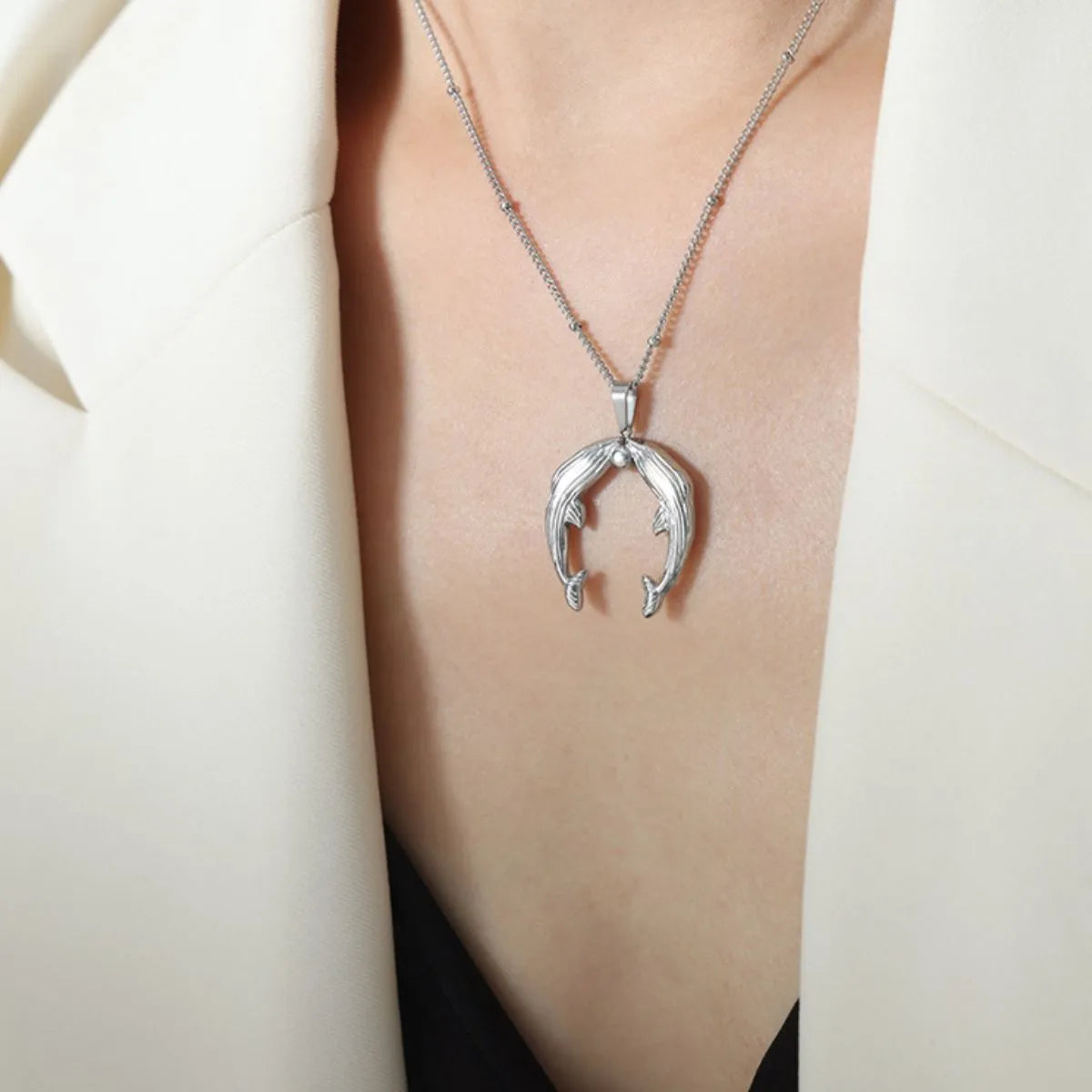 Gold Dolphin Jewelry Set with Necklace and Earrings - Silver One Size