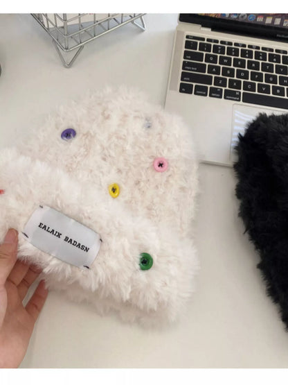 Colorful Buttons Decor Plush Beanie Hat - Beige White One Size
