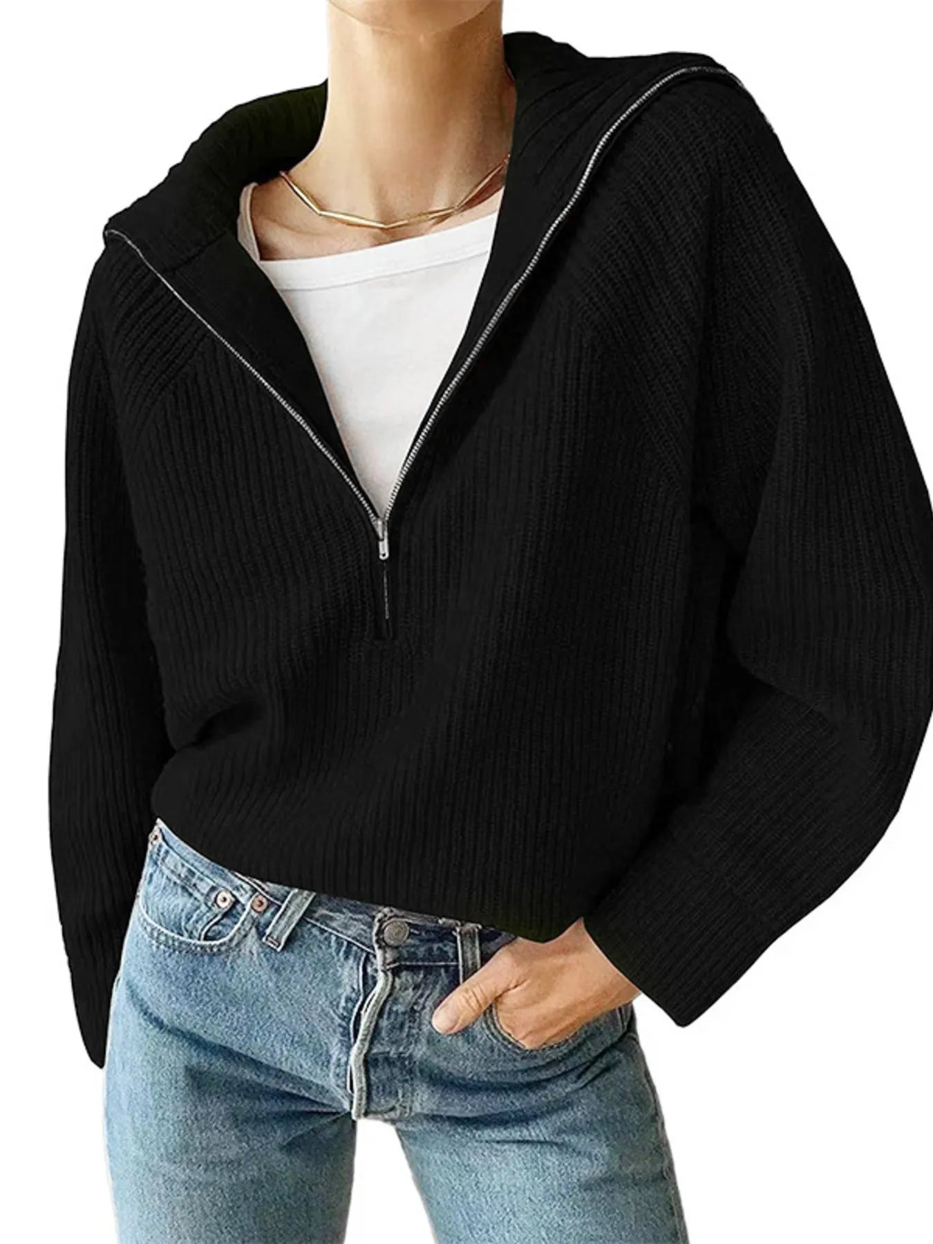 Half-Zip Long Sleeve Sweater - Black