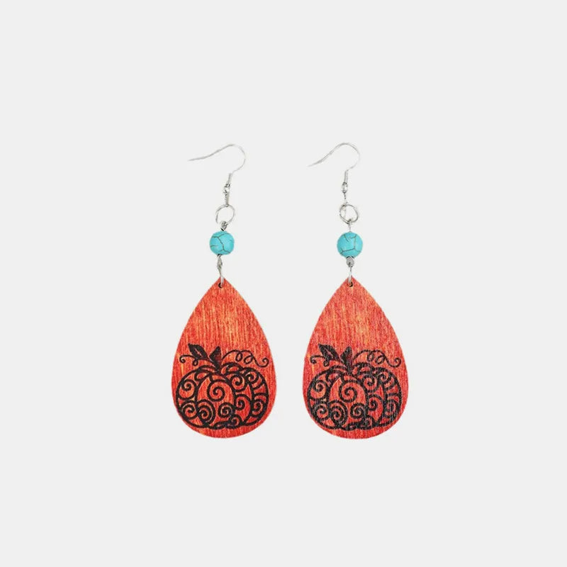 Turquoise Wooden Pumpkin Teardrop Earrings - Silver One Size