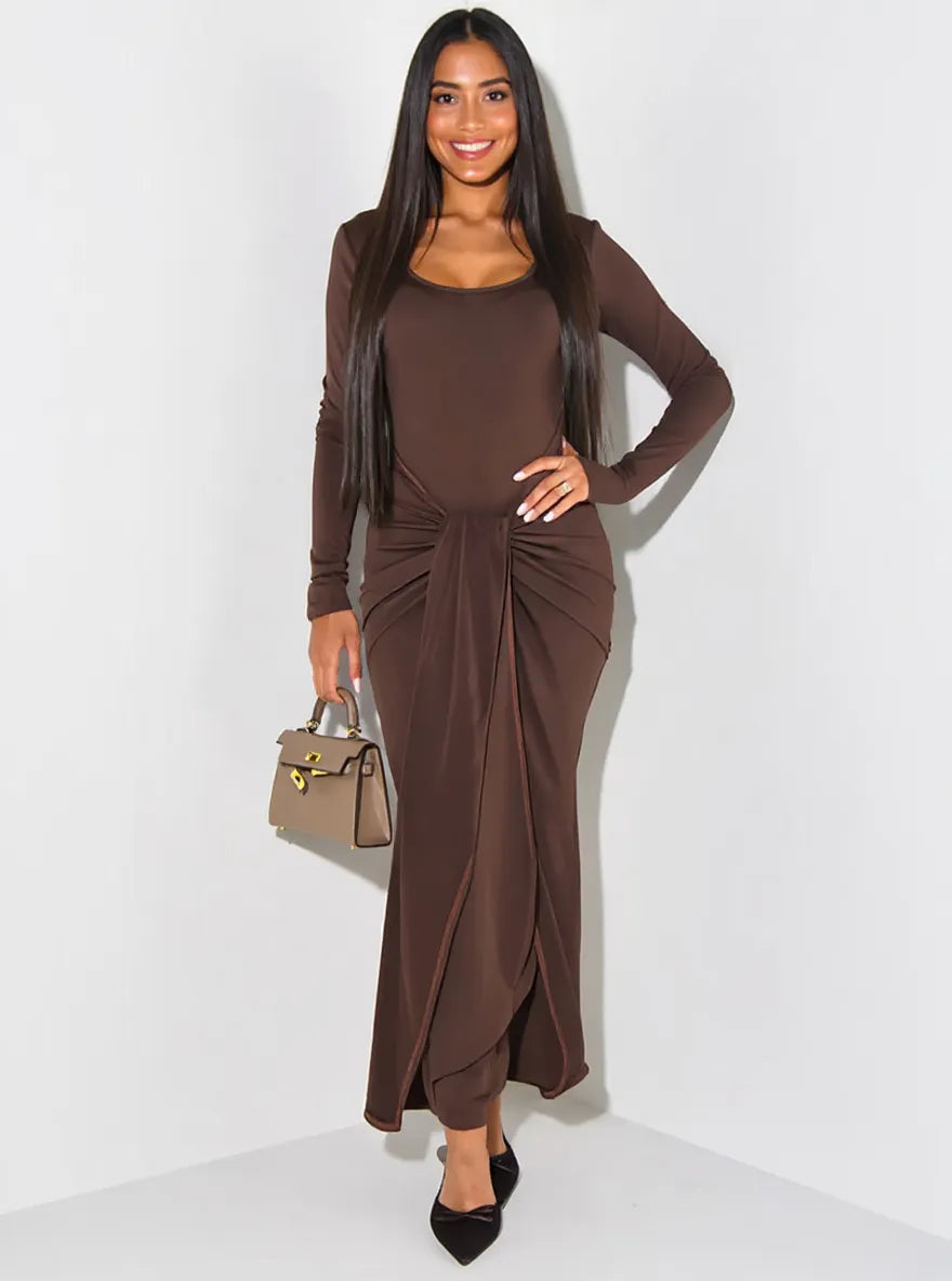 Long Sleeve Tie-Front Bodycon Maxi Dress - Dark Brown