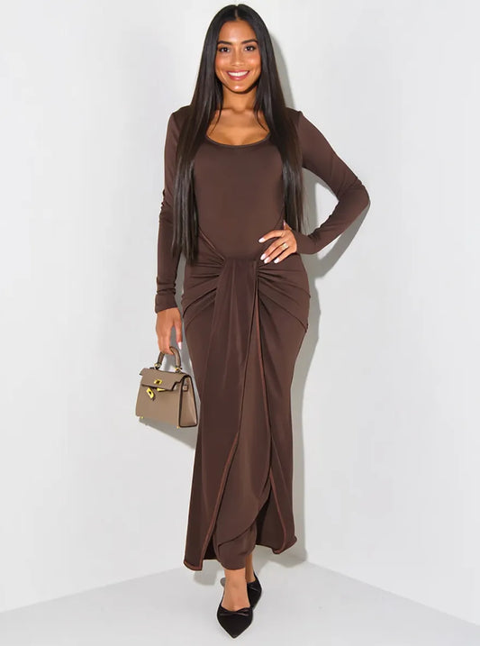 Long Sleeve Tie-Front Bodycon Maxi Dress - Dark Brown