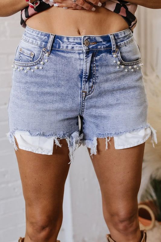 Pearl Studded Pockets Raw Hem Denim Shorts - Light Blue
