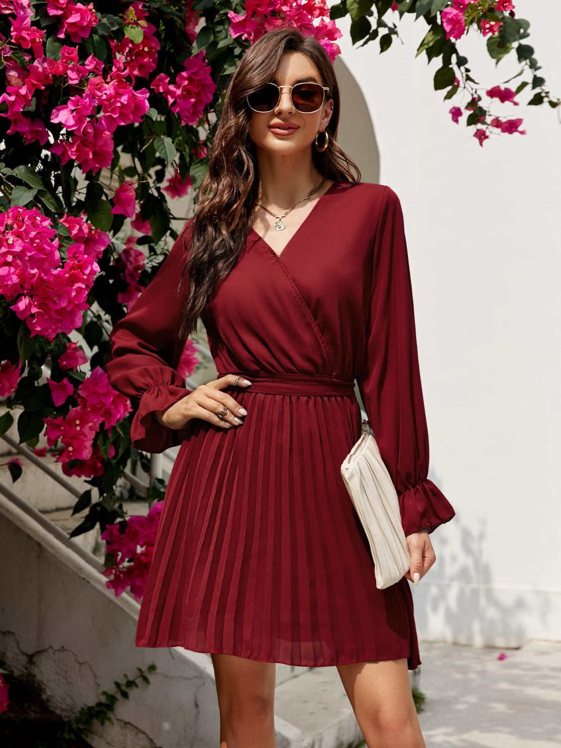 Surplice Flounce Sleeve Pleated Mini Dress - Wine