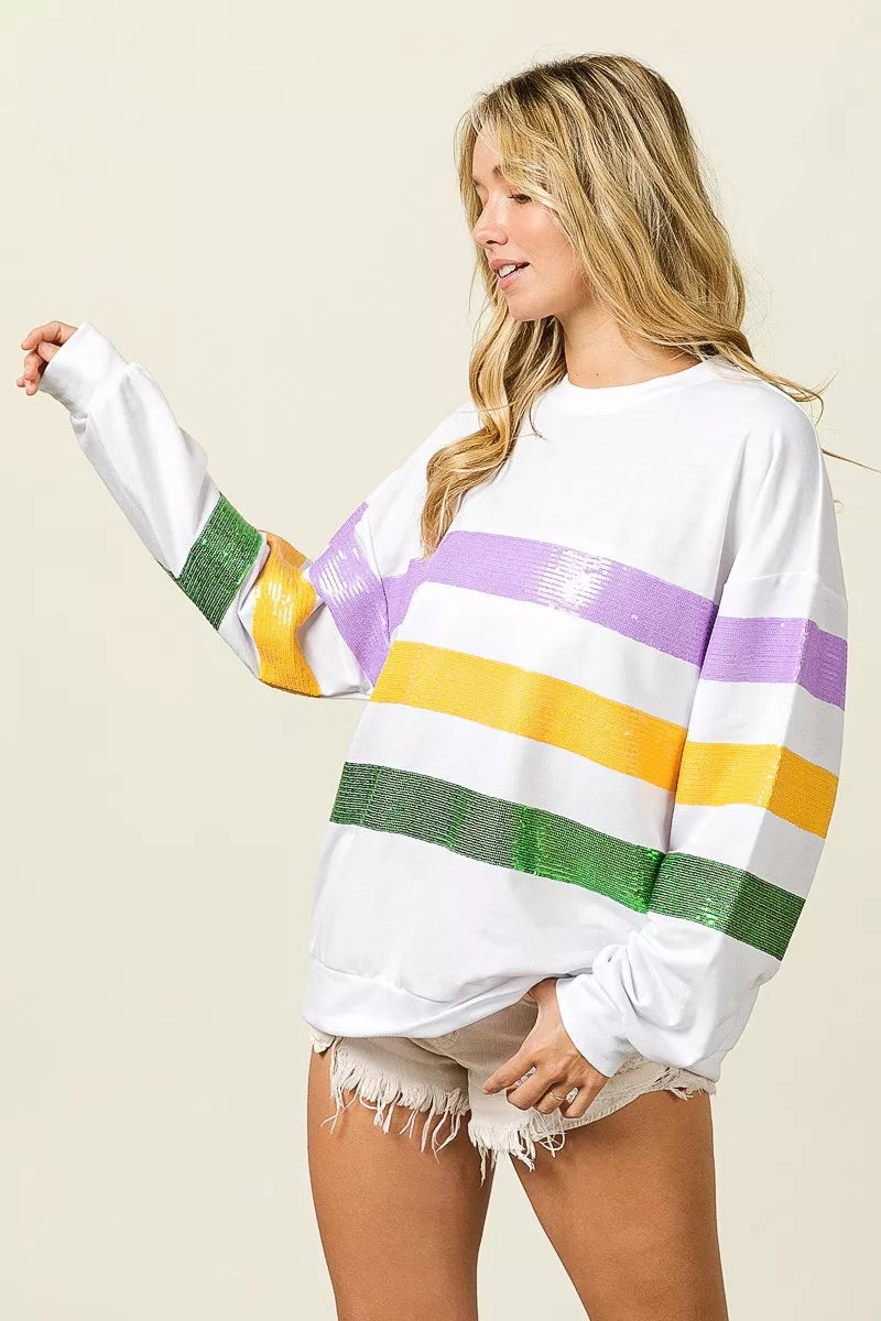 Sequin Mardi Gras Striped Round Neck Sweatshirt -
