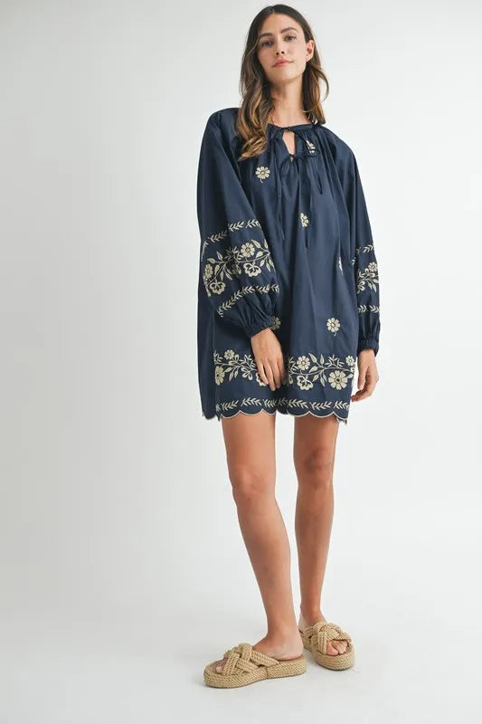 Embroidered Long Sleeve Peasant Mini Dress -
