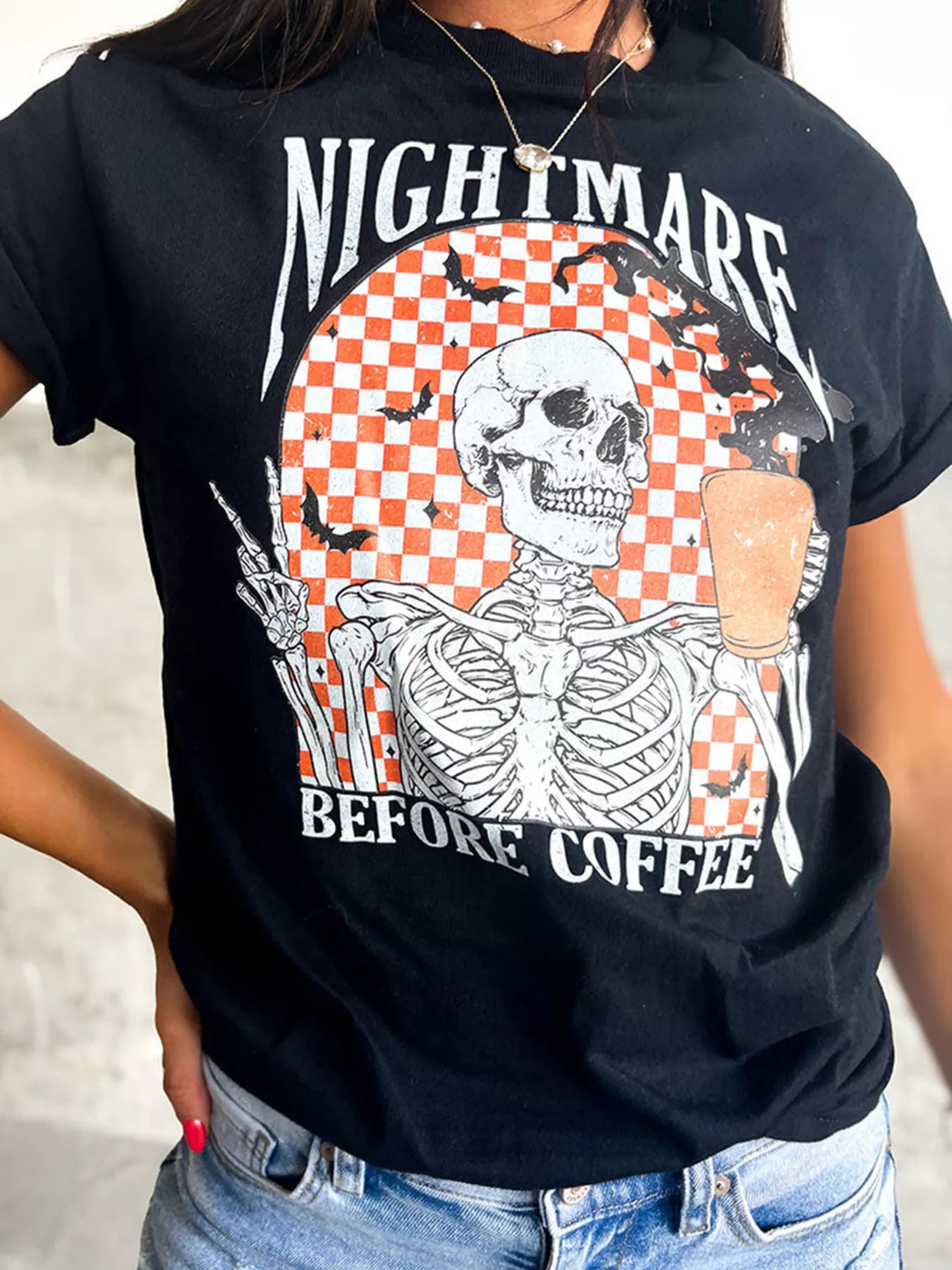 Skull Checkerboard Graphic Round Neck T-Shirt -