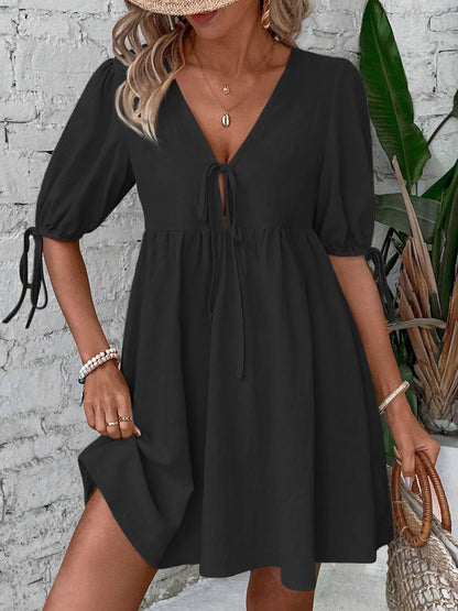 V-Neck Puff Sleeves Mini Dress -