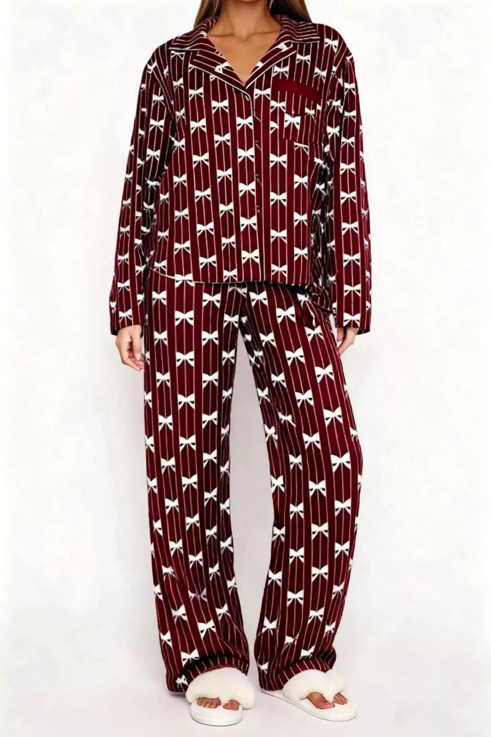 Bow Print Top and Wide Leg Pants Lounge Set -