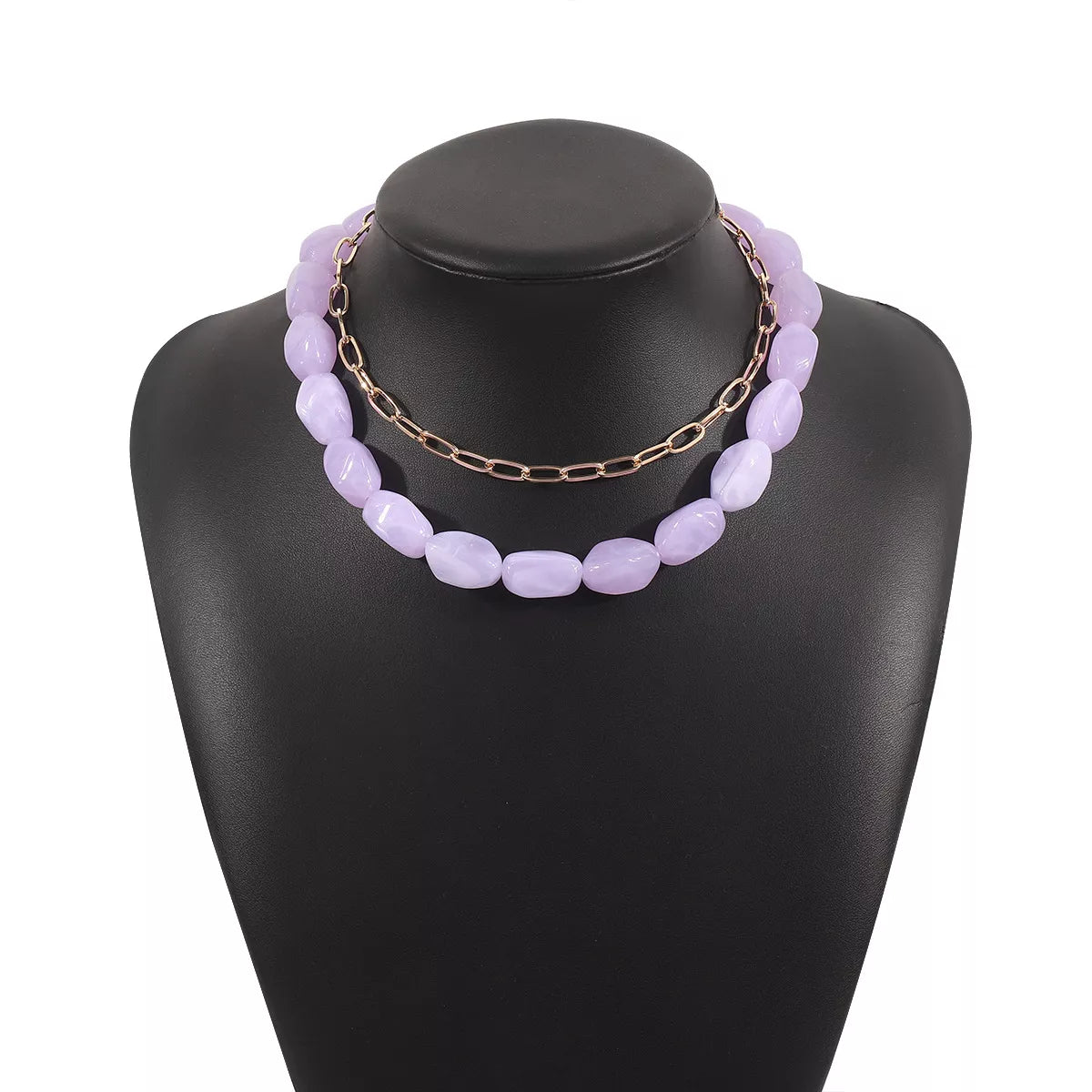 Colorful Beaded Chain Necklace - Purple One Size