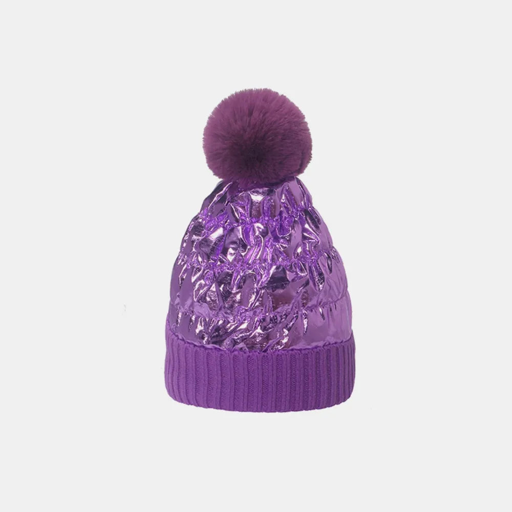 Thermal Knit Hat with Pompom - Purple One Size