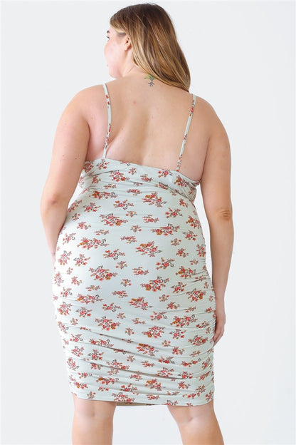 Plus Size Ruched Floral Square Neck Cami Dress - Sage