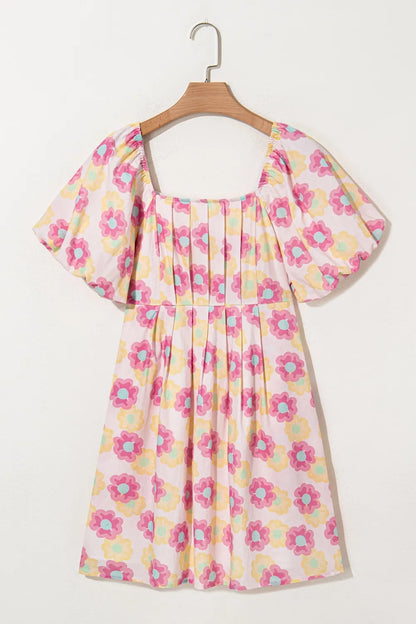 Floral Square Neck Puff Sleeve Flared Dress -