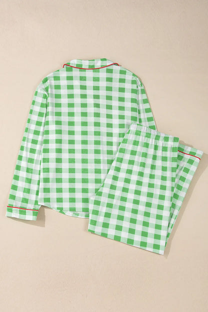 Plaid Collared Neck Long Sleeve Top and Pants Set -