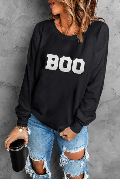 BOO Round Neck Long Sleeve Sweatshirt - Black