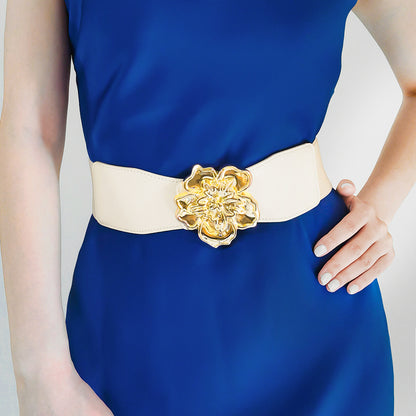 Flower Alloy Buckle Elastic Belt - Ivory One Size