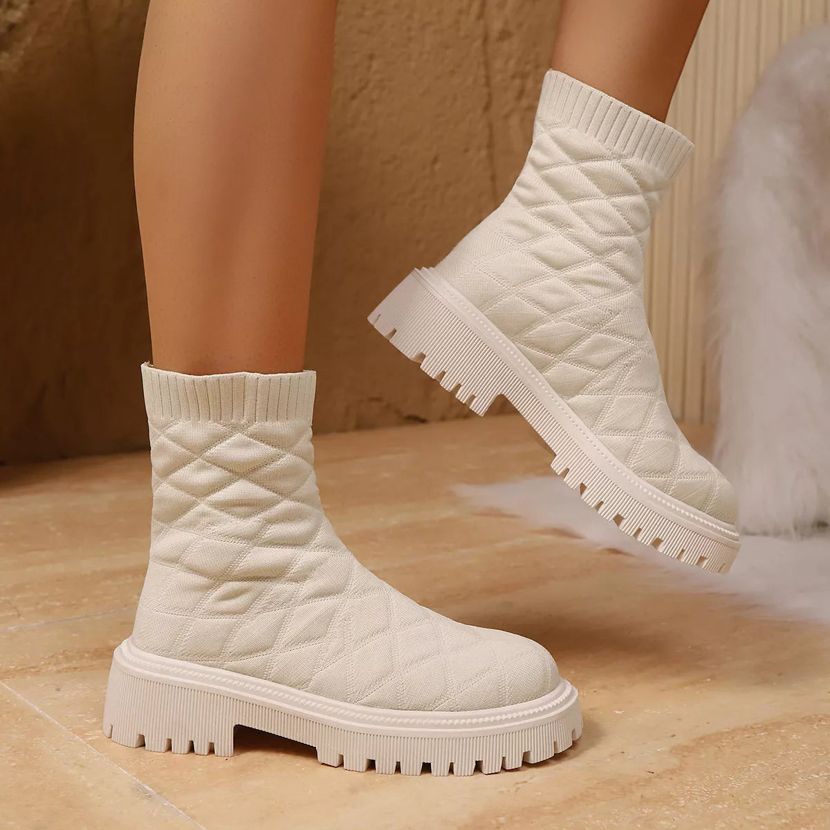 Round Toe Block Heels Boots - Beige