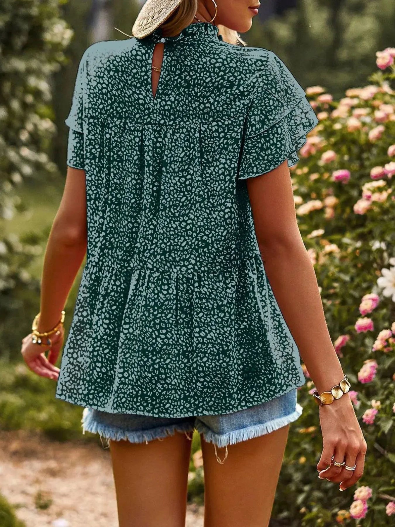 Printed Ruffle Sleeve Babydoll Blouse - Dark Green