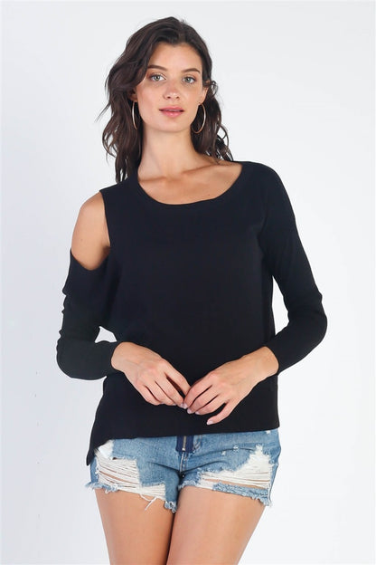 UNIQ Cold Shoulder Long Sleeve Knit Top - Black