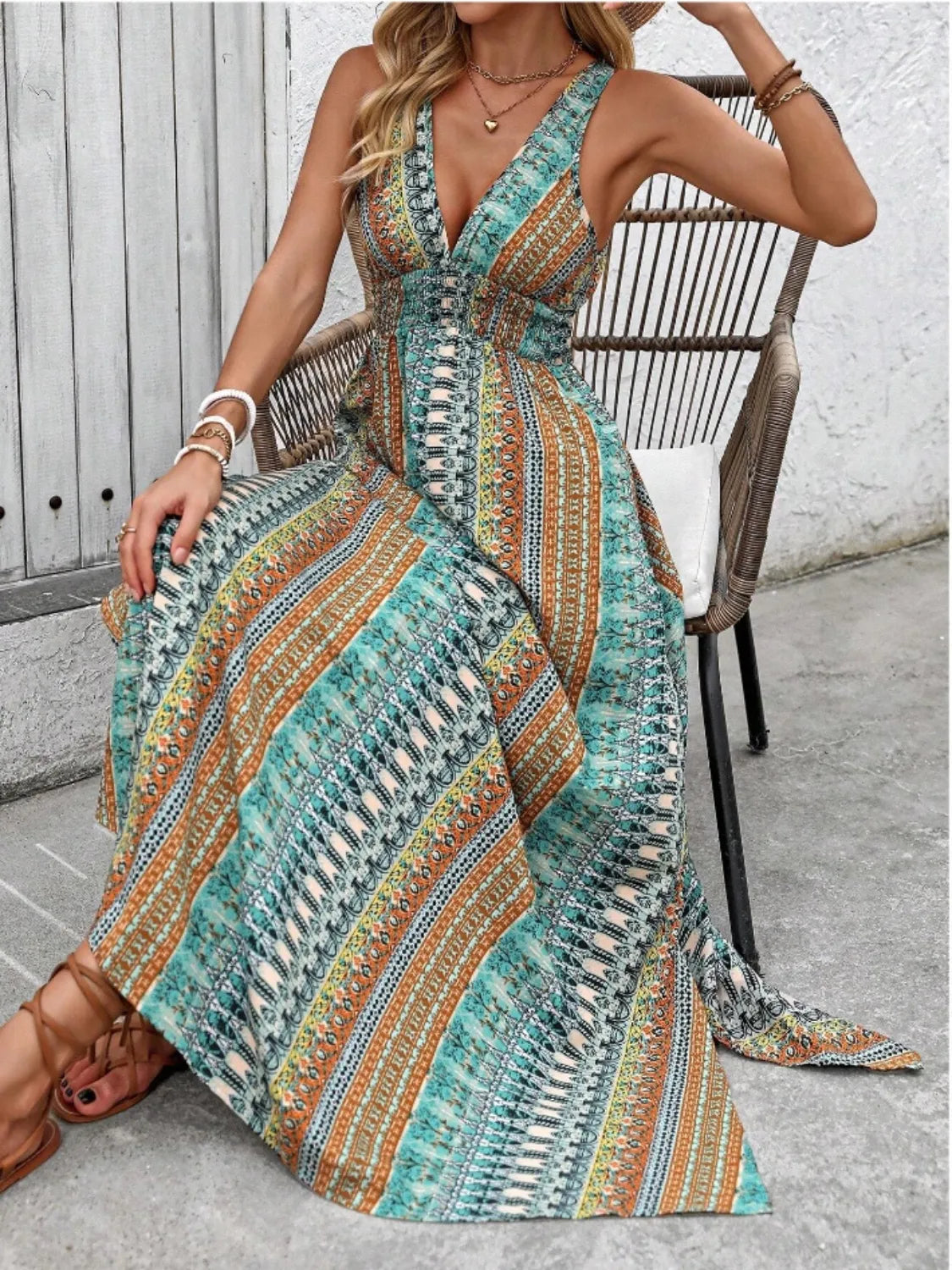 Tied Back Printed Sleeveless Maxi Slit Dress -