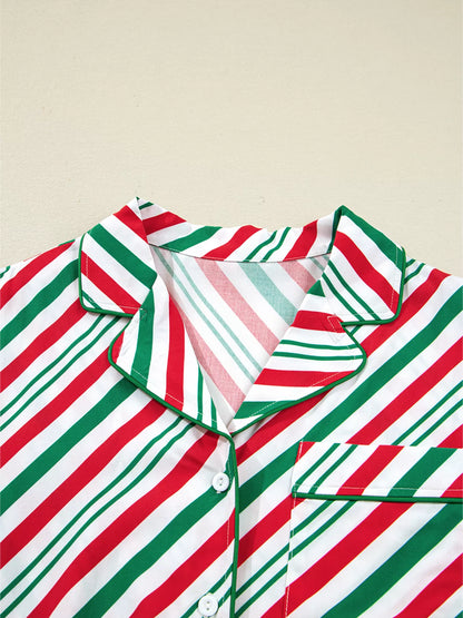 Stripe Contrast Velvet Ribbon Knot Pajama Set -