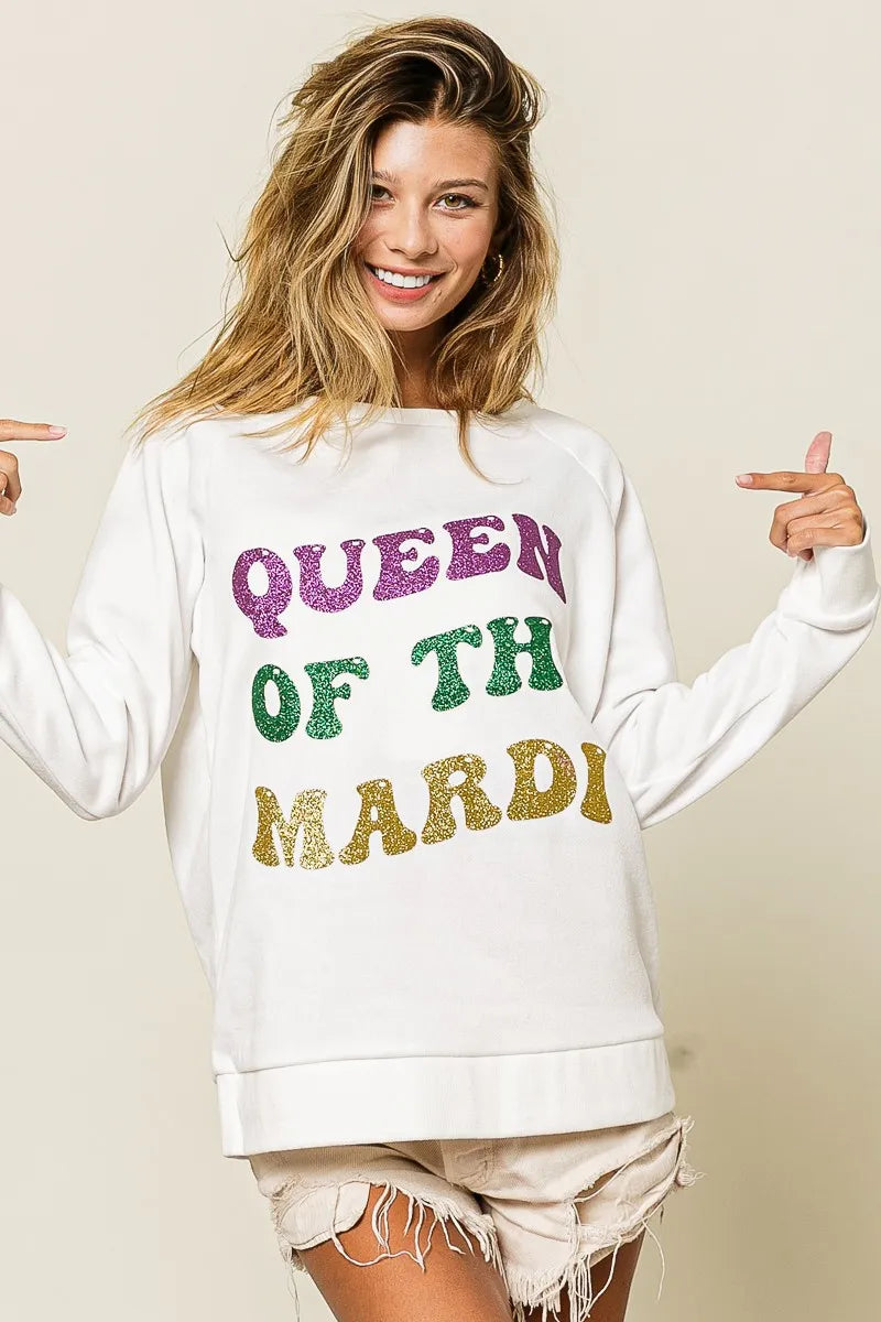 BiBi Queen Of Mardi Glitter Print Mardi Gras Sweatshirt -
