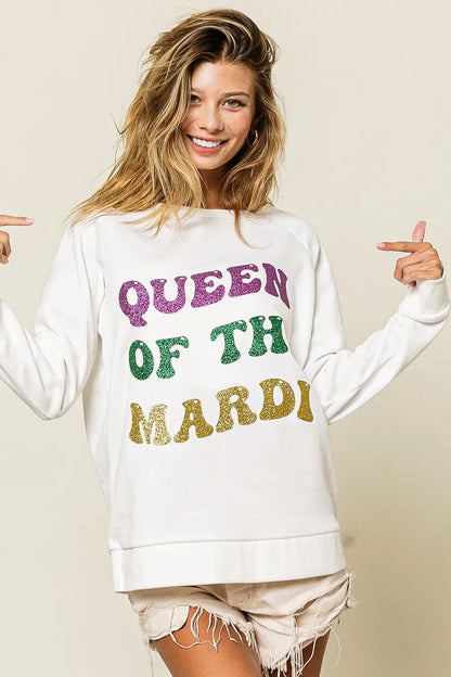 BiBi Queen Of Mardi Glitter Print Mardi Gras Sweatshirt -