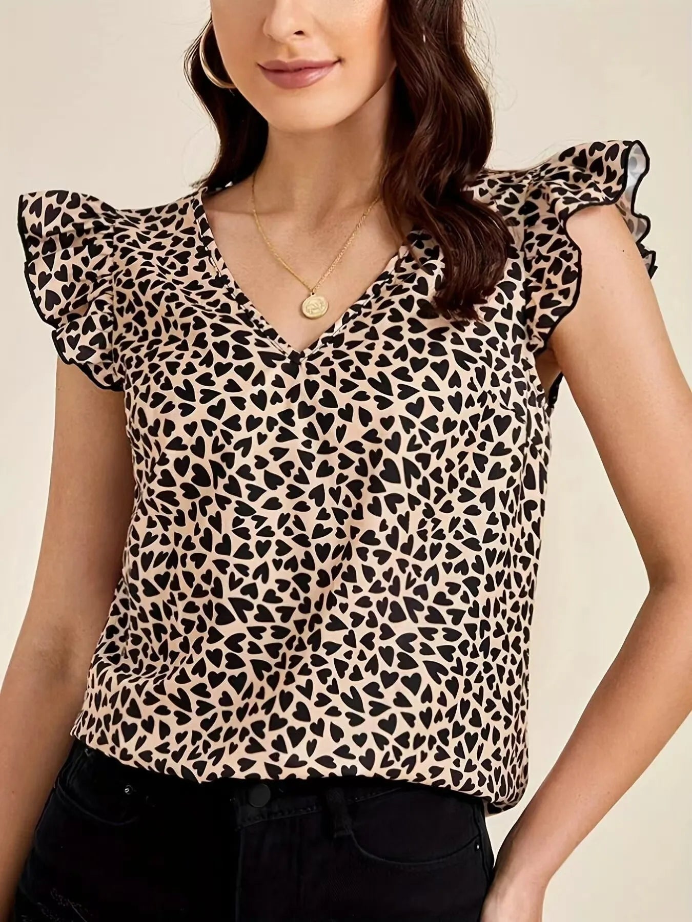 Floral Print Ruffle Sleeve V-Neck Blouse - Brown