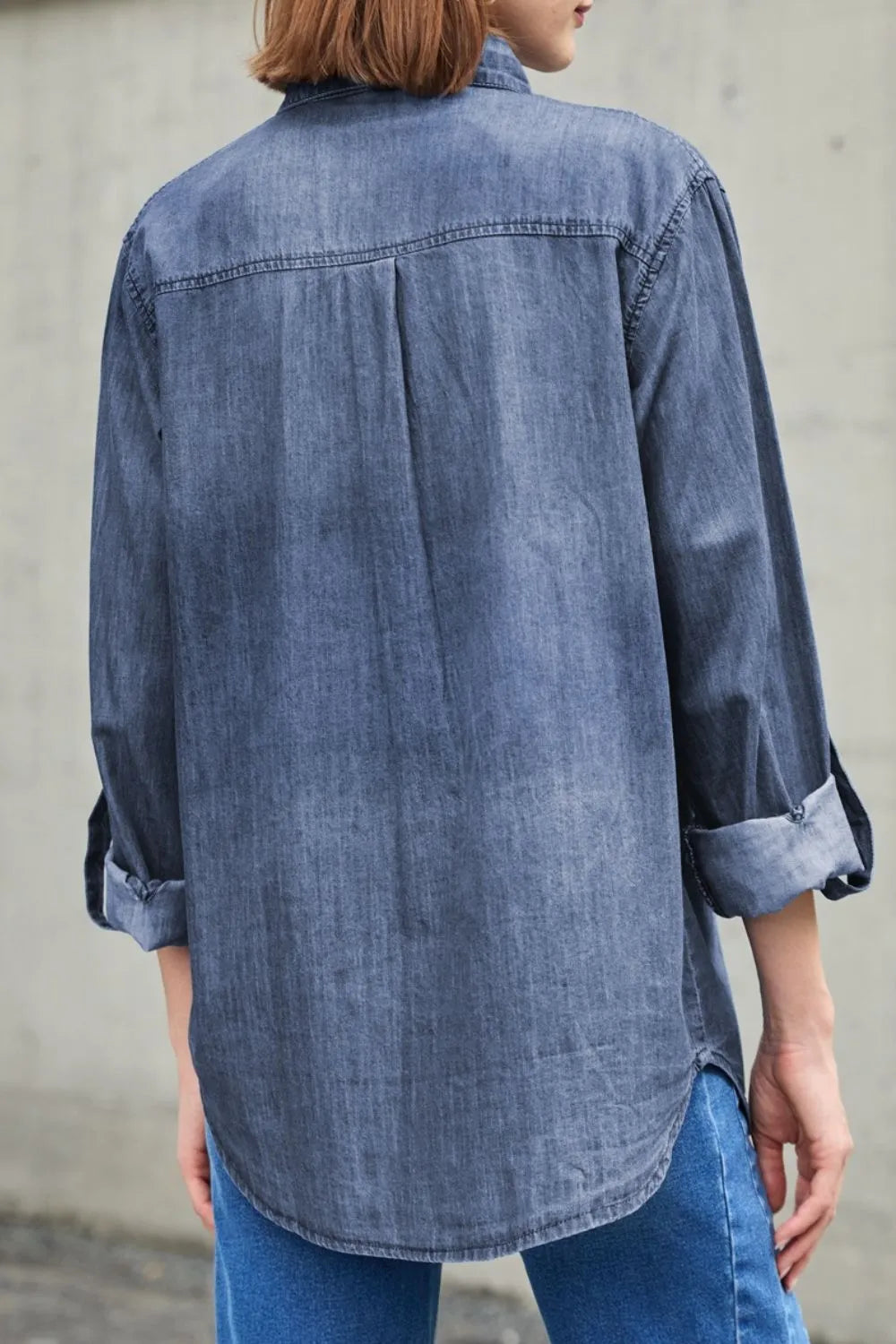 Collared Neck Long Sleeve Denim Top -