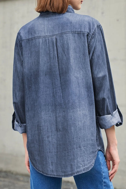 Collared Neck Long Sleeve Denim Top -
