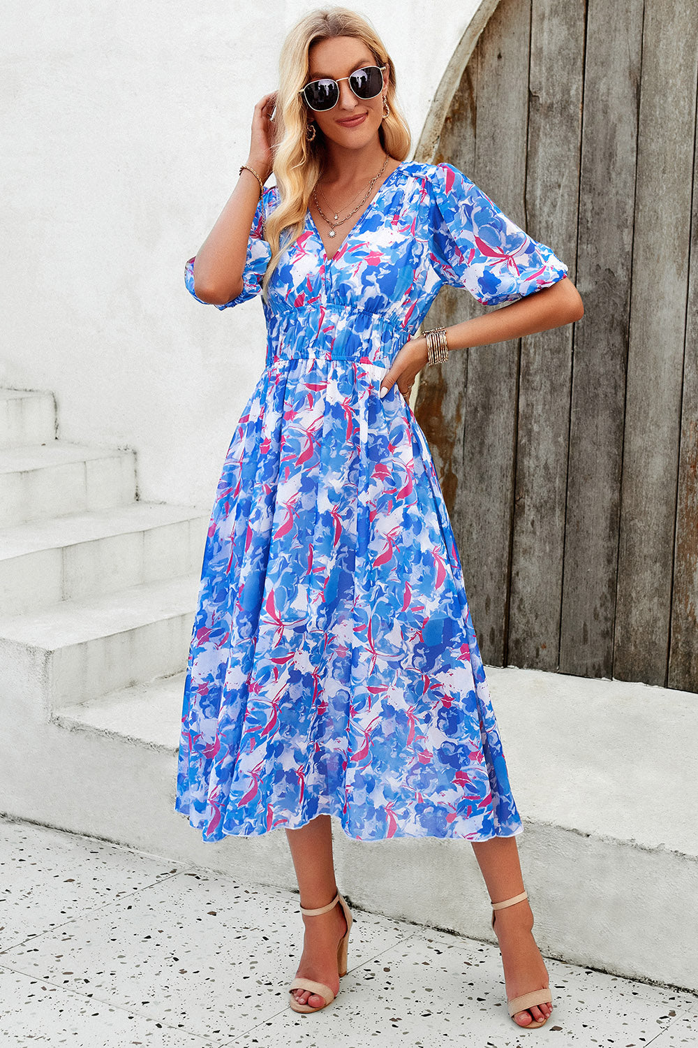 Smocked Printed V-Neck Short Sleeve Dress | AdoreStarr
