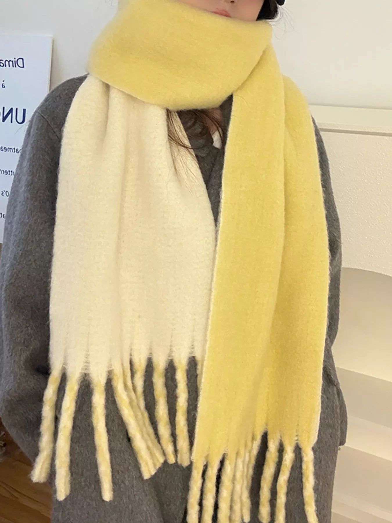 Color Block Fringe Winter Scarf - Yellow One Size