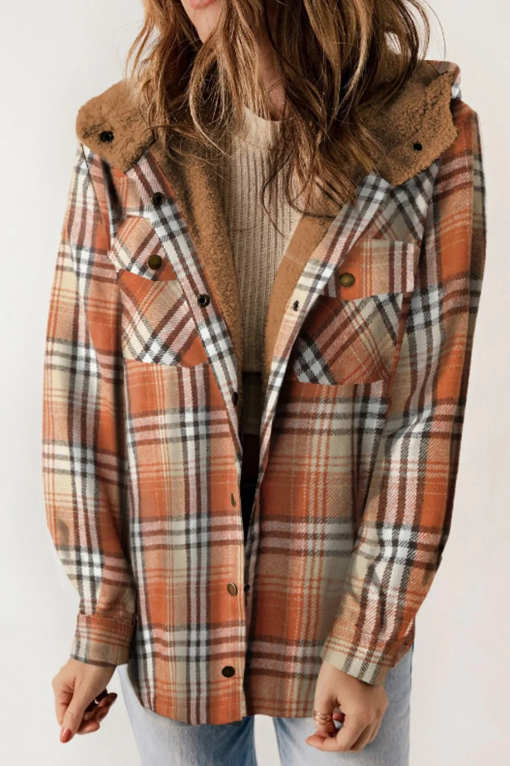 Plaid Button Up Long Sleeve Hooded Jacket - Tangerine