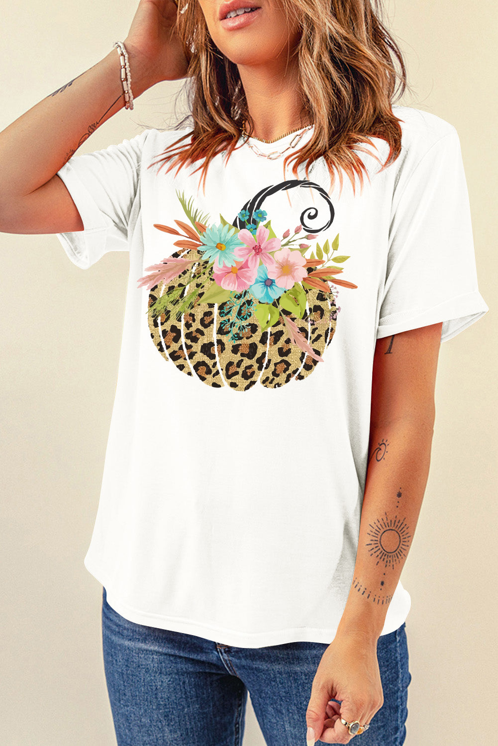 Pumpkin Graphic Round Neck Short Sleeve T-Shirt - White