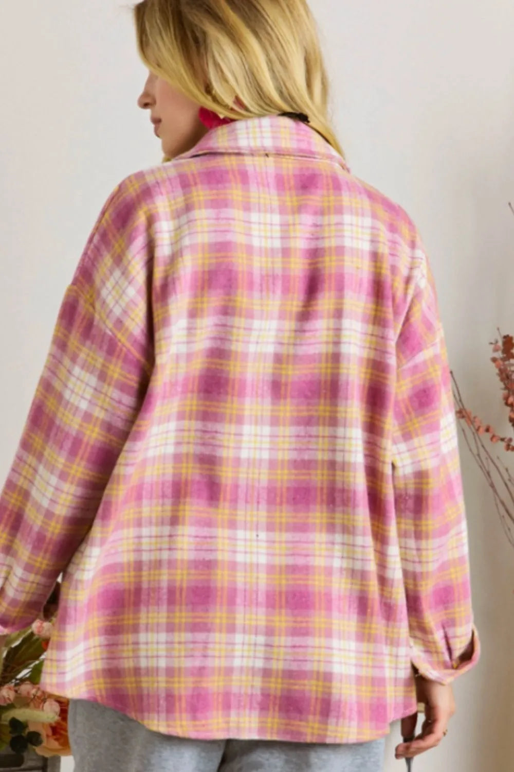 Plaid Collared Neck Button Up Shacket - Pink