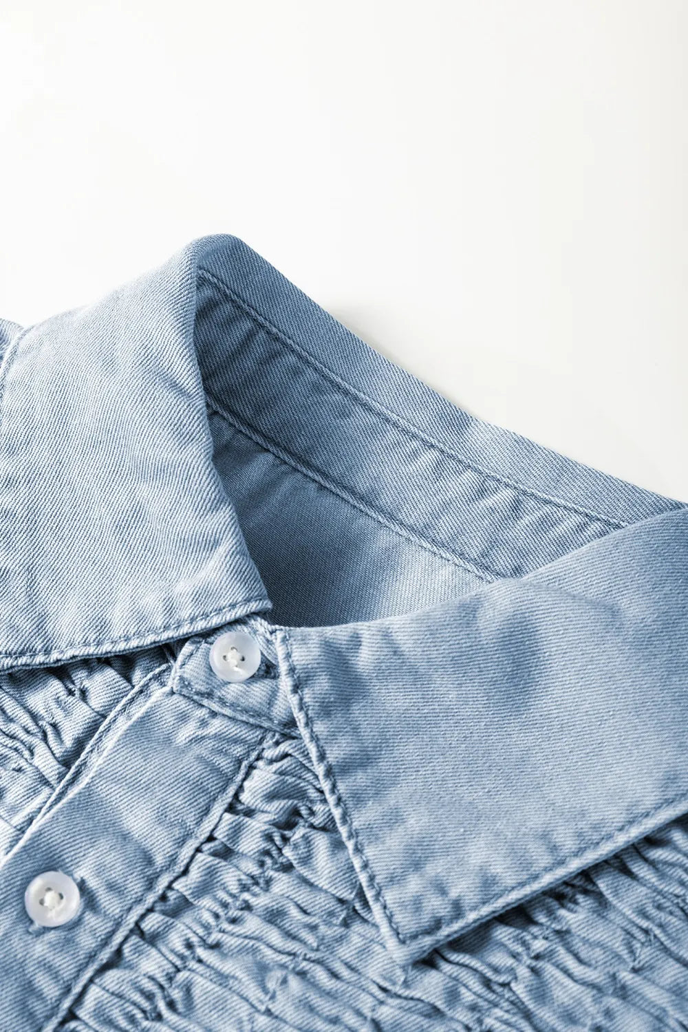 Smocked Collared Neck Cap Sleeve Denim Dress -