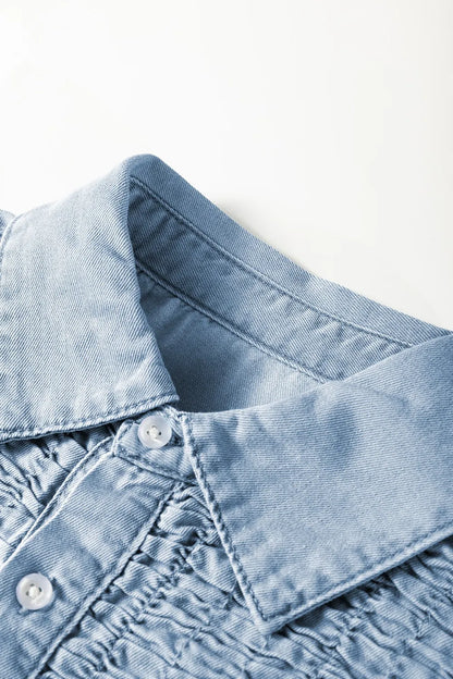 Smocked Collared Neck Cap Sleeve Denim Dress -
