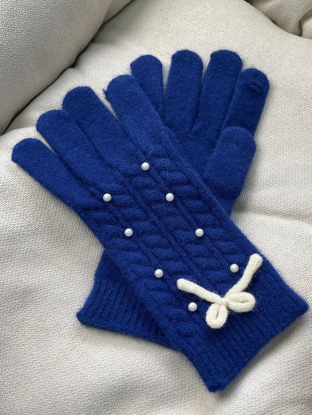 Thermal Pearl Detail Bow Five-Finger Gloves - Dark Blue One Size